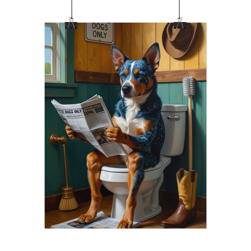 Funny Australian Cattle Dog Bathroom Poster – Dog Sitting on Toilet Reading Newspaper | Humorous Dog Wall Art for Bathroom Decor