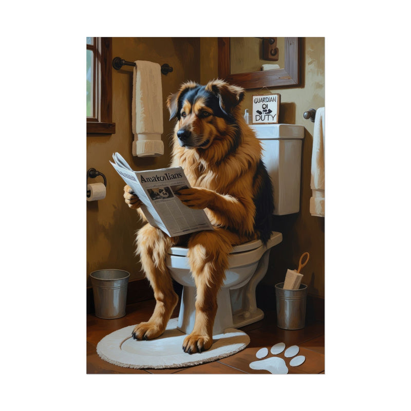 Funny Anatolian Shepherd Bathroom Poster – Dog Sitting on Toilet Reading Newspaper | Humorous Dog Wall Art for Bathroom Decor