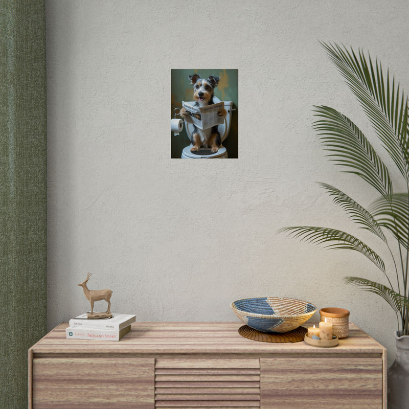 Funny Australian Terrier Bathroom Poster – Dog Sitting on Toilet Reading Newspaper | Humorous Dog Wall Art for Bathroom Decor
