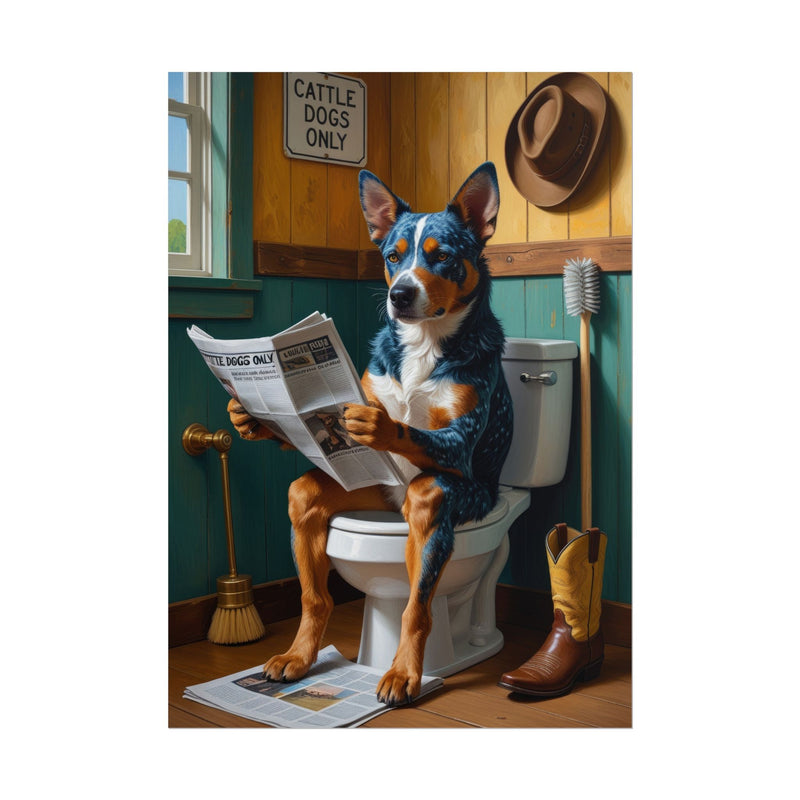 Funny Australian Cattle Dog Bathroom Poster – Dog Sitting on Toilet Reading Newspaper | Humorous Dog Wall Art for Bathroom Decor