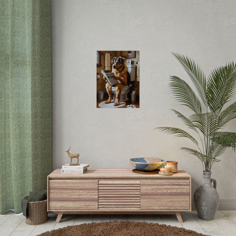 Funny Anatolian Shepherd Bathroom Poster – Dog Sitting on Toilet Reading Newspaper | Humorous Dog Wall Art for Bathroom Decor