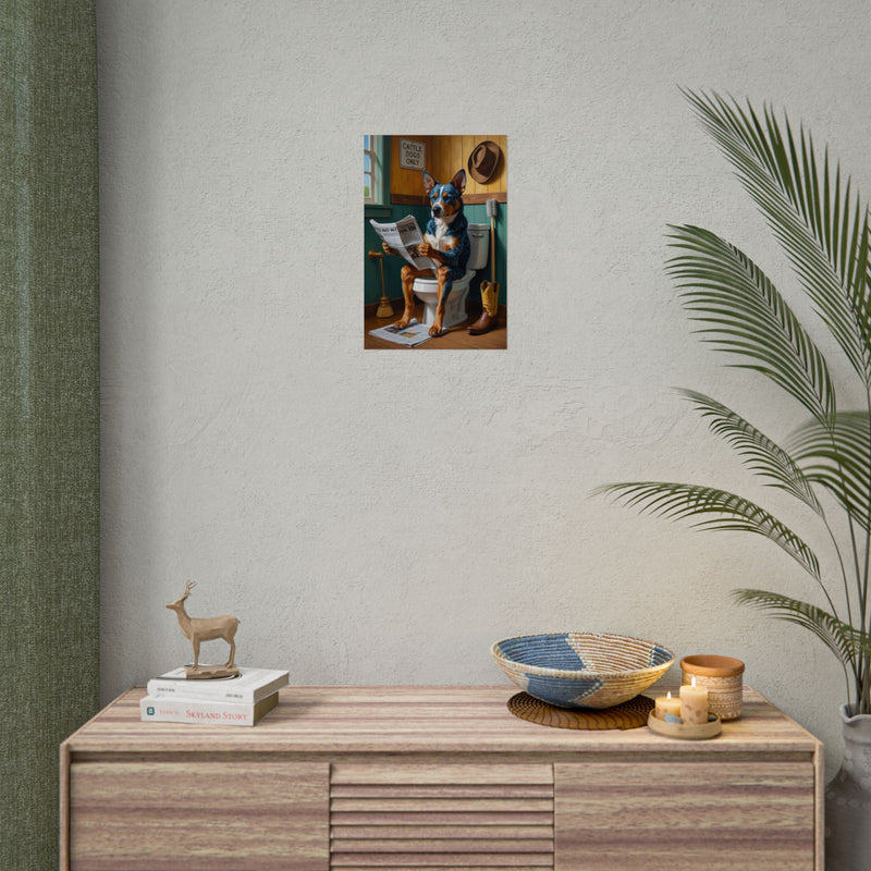 Funny Australian Cattle Dog Bathroom Poster – Dog Sitting on Toilet Reading Newspaper | Humorous Dog Wall Art for Bathroom Decor