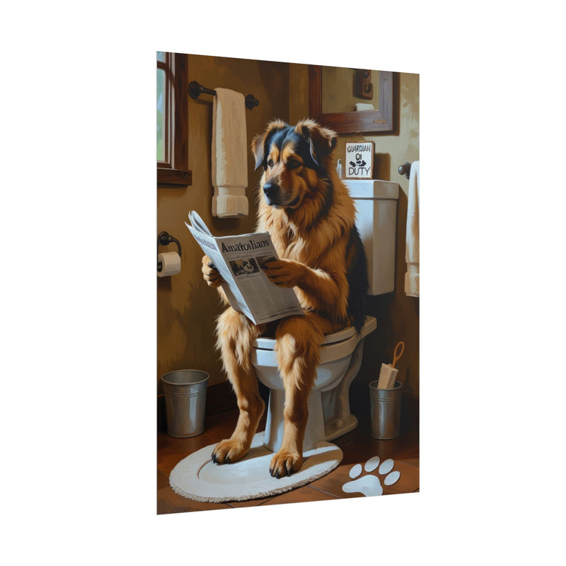 Funny Anatolian Shepherd Bathroom Poster – Dog Sitting on Toilet Reading Newspaper | Humorous Dog Wall Art for Bathroom Decor