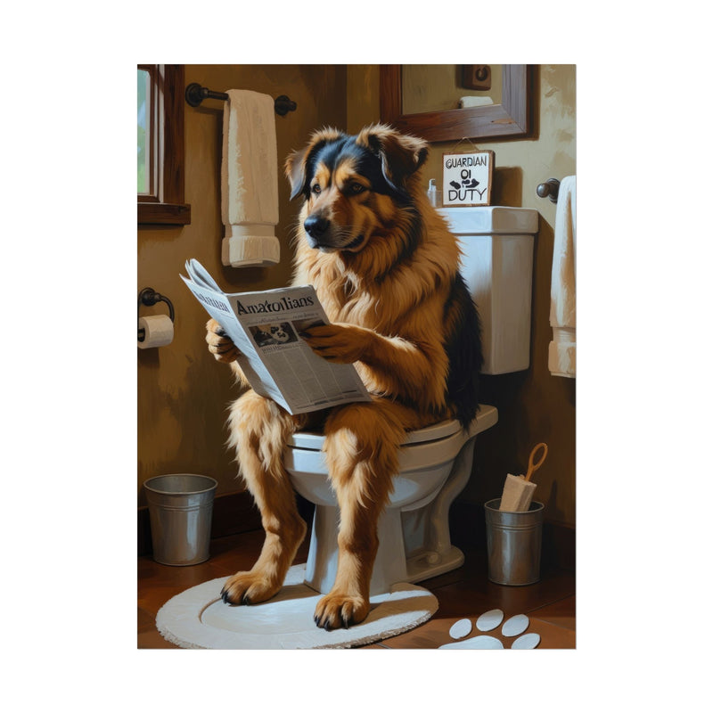 Funny Anatolian Shepherd Bathroom Poster – Dog Sitting on Toilet Reading Newspaper | Humorous Dog Wall Art for Bathroom Decor