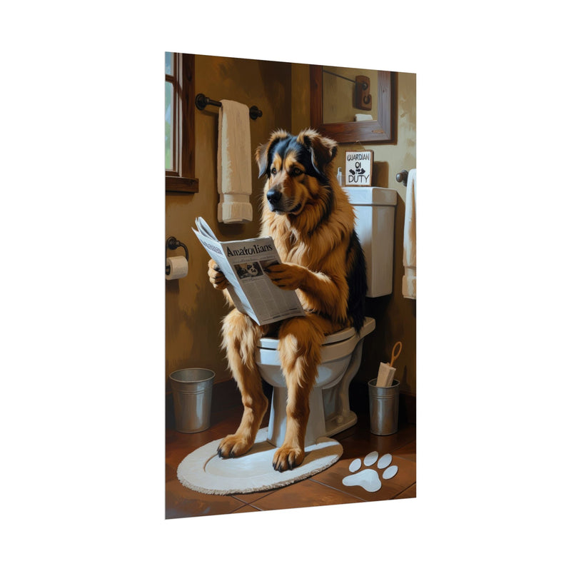 Funny Anatolian Shepherd Bathroom Poster – Dog Sitting on Toilet Reading Newspaper | Humorous Dog Wall Art for Bathroom Decor