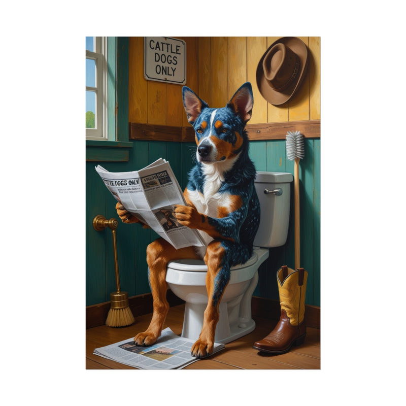 Funny Australian Cattle Dog Bathroom Poster – Dog Sitting on Toilet Reading Newspaper | Humorous Dog Wall Art for Bathroom Decor