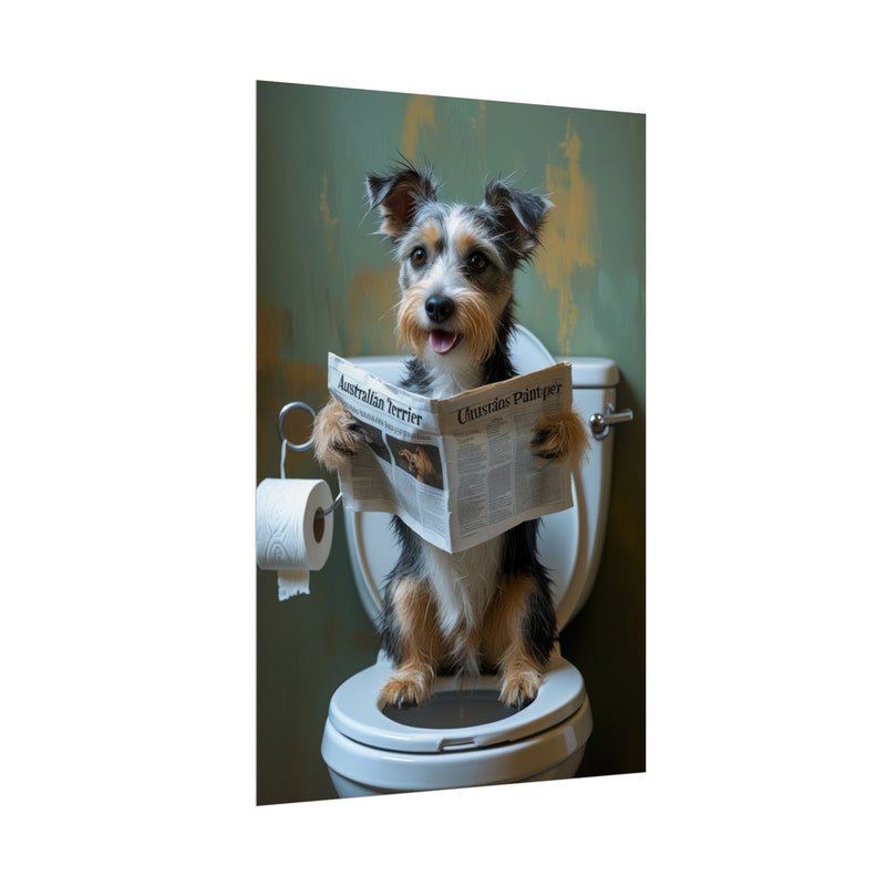 Funny Australian Terrier Bathroom Poster – Dog Sitting on Toilet Reading Newspaper | Humorous Dog Wall Art for Bathroom Decor