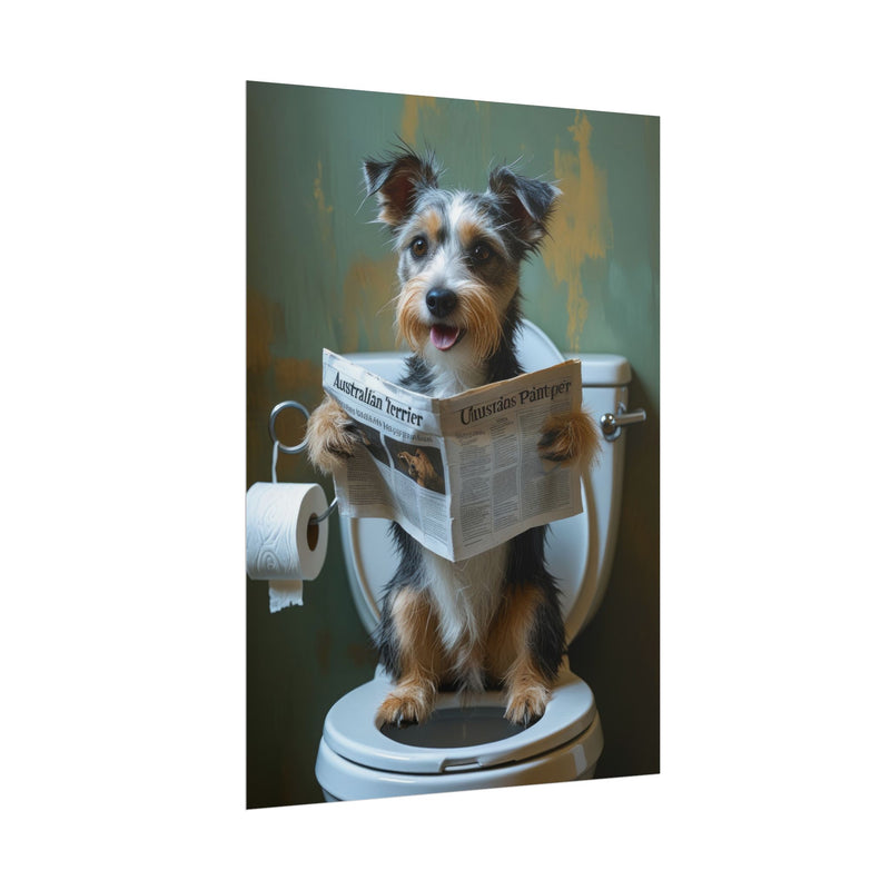 Funny Australian Terrier Bathroom Poster – Dog Sitting on Toilet Reading Newspaper | Humorous Dog Wall Art for Bathroom Decor