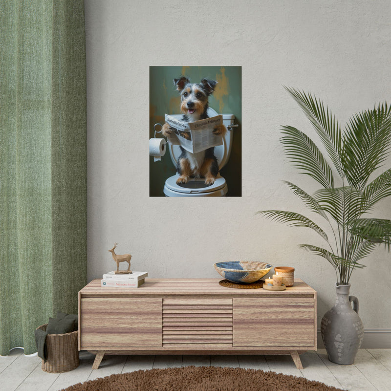 Funny Australian Terrier Bathroom Poster – Dog Sitting on Toilet Reading Newspaper | Humorous Dog Wall Art for Bathroom Decor