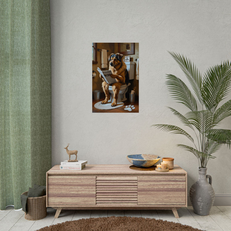 Funny Anatolian Shepherd Bathroom Poster – Dog Sitting on Toilet Reading Newspaper | Humorous Dog Wall Art for Bathroom Decor