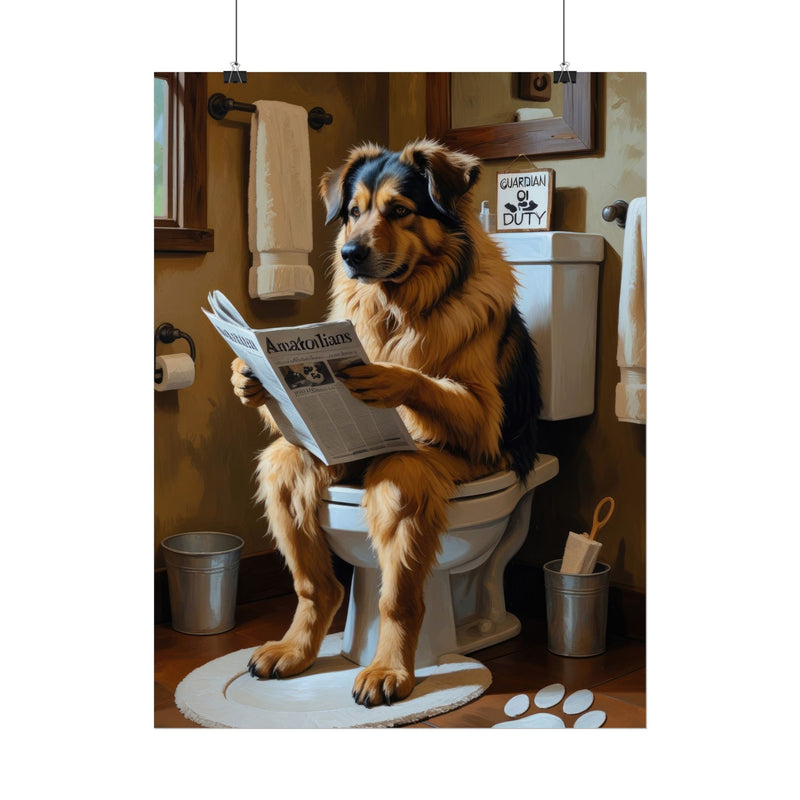 Funny Anatolian Shepherd Bathroom Poster – Dog Sitting on Toilet Reading Newspaper | Humorous Dog Wall Art for Bathroom Decor