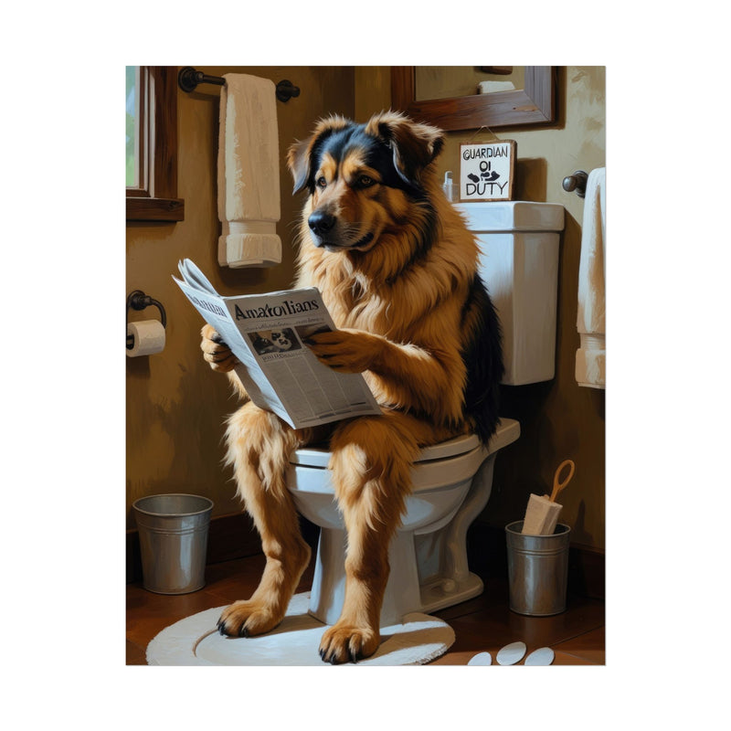 Funny Anatolian Shepherd Bathroom Poster – Dog Sitting on Toilet Reading Newspaper | Humorous Dog Wall Art for Bathroom Decor