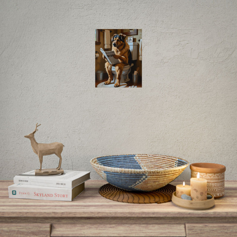 Funny Anatolian Shepherd Bathroom Poster – Dog Sitting on Toilet Reading Newspaper | Humorous Dog Wall Art for Bathroom Decor