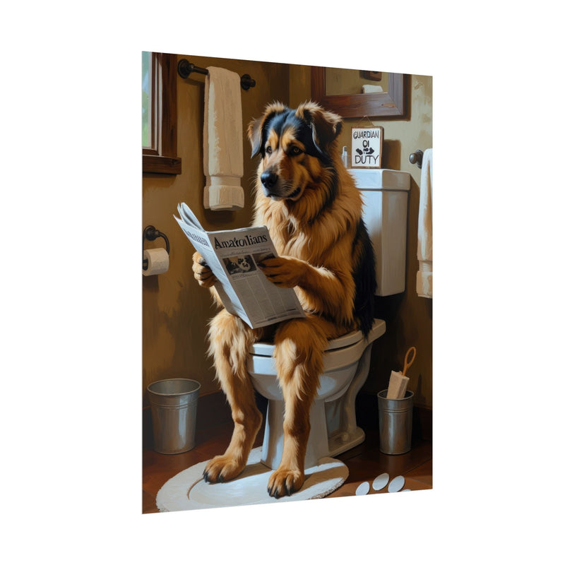Funny Anatolian Shepherd Bathroom Poster – Dog Sitting on Toilet Reading Newspaper | Humorous Dog Wall Art for Bathroom Decor