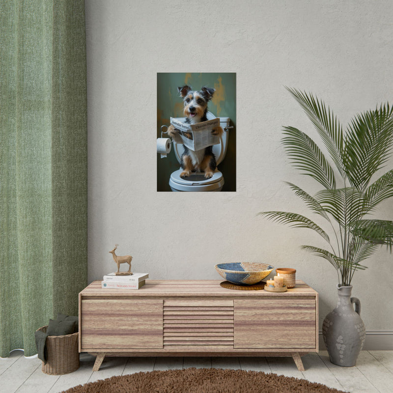 Funny Australian Terrier Bathroom Poster – Dog Sitting on Toilet Reading Newspaper | Humorous Dog Wall Art for Bathroom Decor