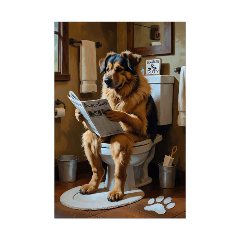 Funny Anatolian Shepherd Bathroom Poster – Dog Sitting on Toilet Reading Newspaper | Humorous Dog Wall Art for Bathroom Decor