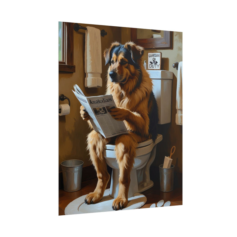 Funny Anatolian Shepherd Bathroom Poster – Dog Sitting on Toilet Reading Newspaper | Humorous Dog Wall Art for Bathroom Decor