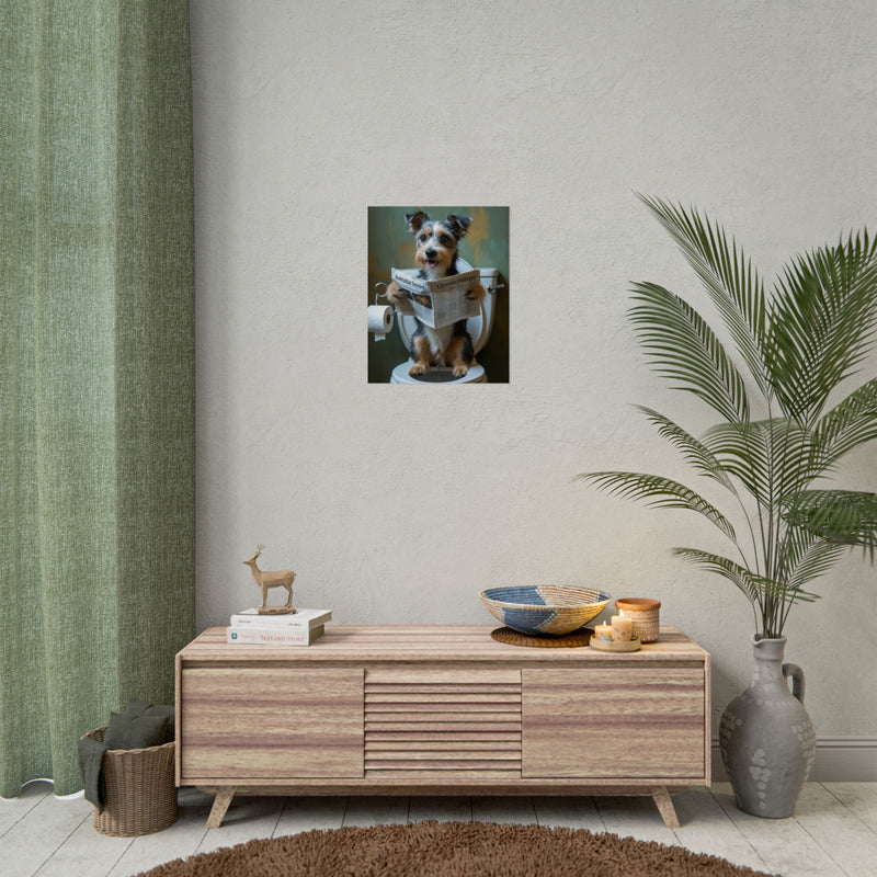 Funny Australian Terrier Bathroom Poster – Dog Sitting on Toilet Reading Newspaper | Humorous Dog Wall Art for Bathroom Decor