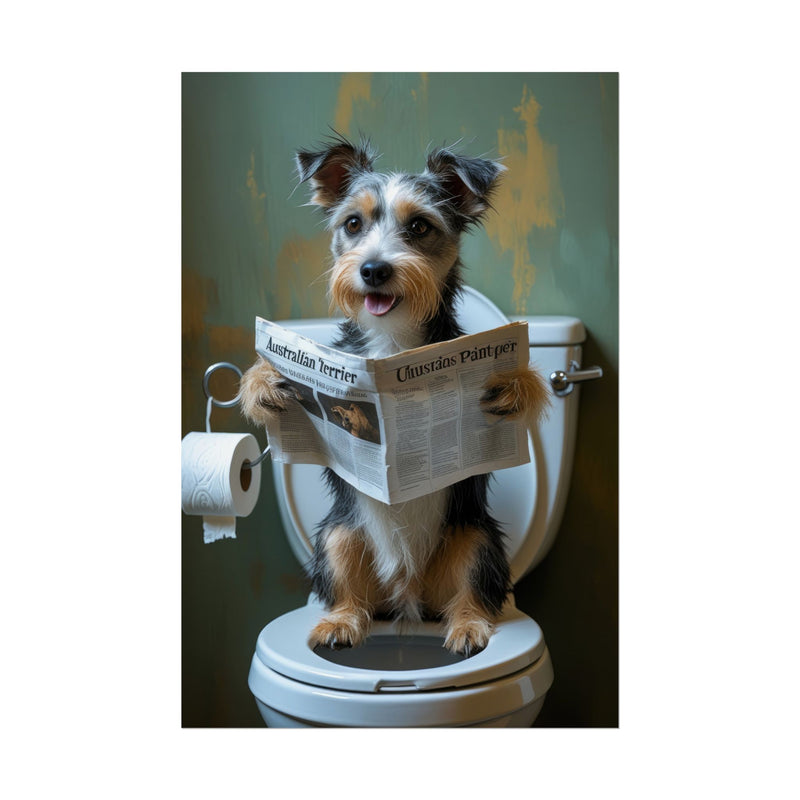 Funny Australian Terrier Bathroom Poster – Dog Sitting on Toilet Reading Newspaper | Humorous Dog Wall Art for Bathroom Decor