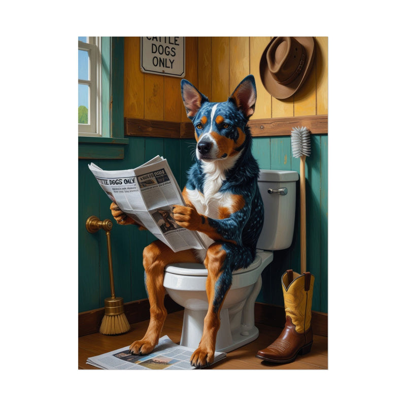 Funny Australian Cattle Dog Bathroom Poster – Dog Sitting on Toilet Reading Newspaper | Humorous Dog Wall Art for Bathroom Decor
