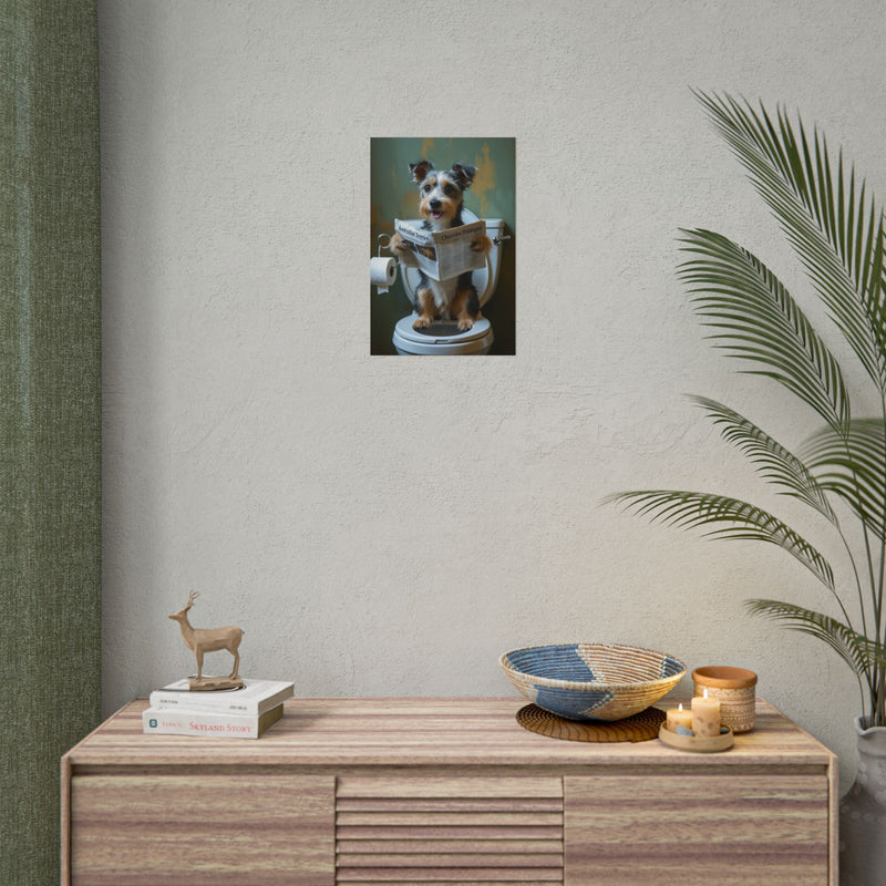Funny Australian Terrier Bathroom Poster – Dog Sitting on Toilet Reading Newspaper | Humorous Dog Wall Art for Bathroom Decor