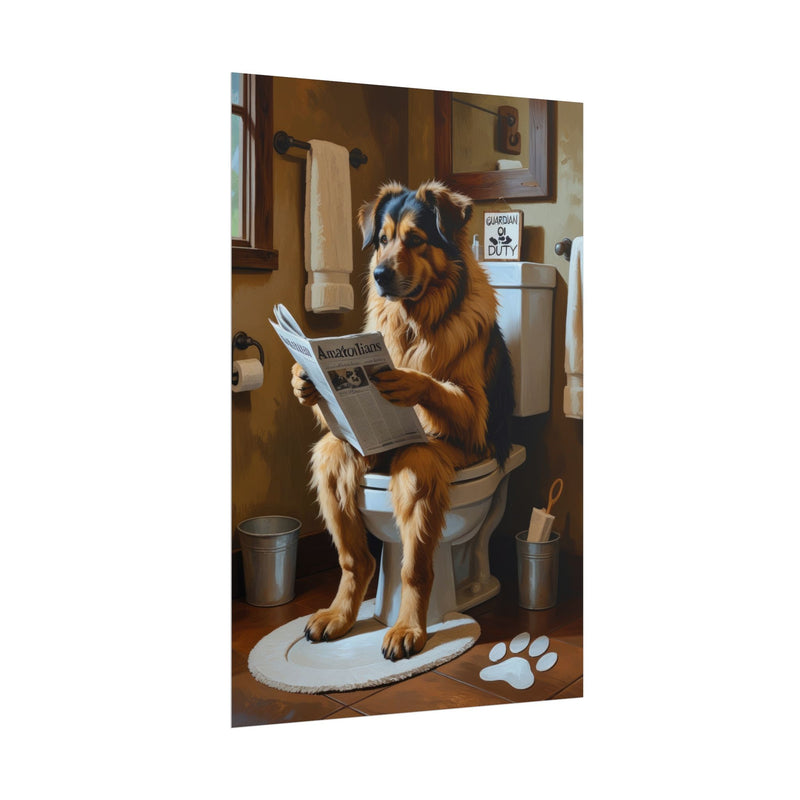 Funny Anatolian Shepherd Bathroom Poster – Dog Sitting on Toilet Reading Newspaper | Humorous Dog Wall Art for Bathroom Decor