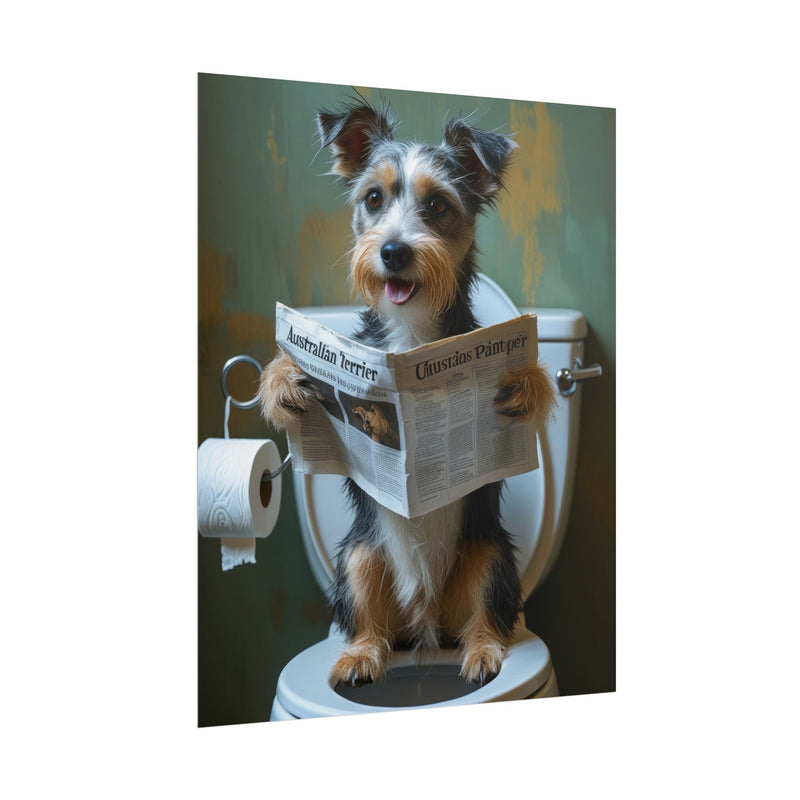 Funny Australian Terrier Bathroom Poster – Dog Sitting on Toilet Reading Newspaper | Humorous Dog Wall Art for Bathroom Decor