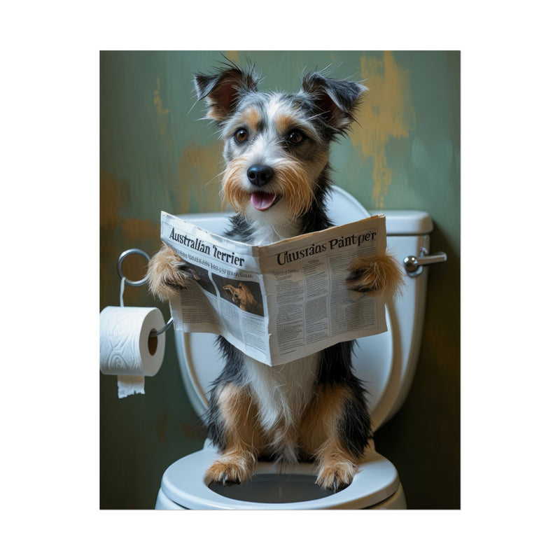 Funny Australian Terrier Bathroom Poster – Dog Sitting on Toilet Reading Newspaper | Humorous Dog Wall Art for Bathroom Decor