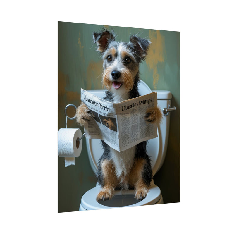 Funny Australian Terrier Bathroom Poster – Dog Sitting on Toilet Reading Newspaper | Humorous Dog Wall Art for Bathroom Decor