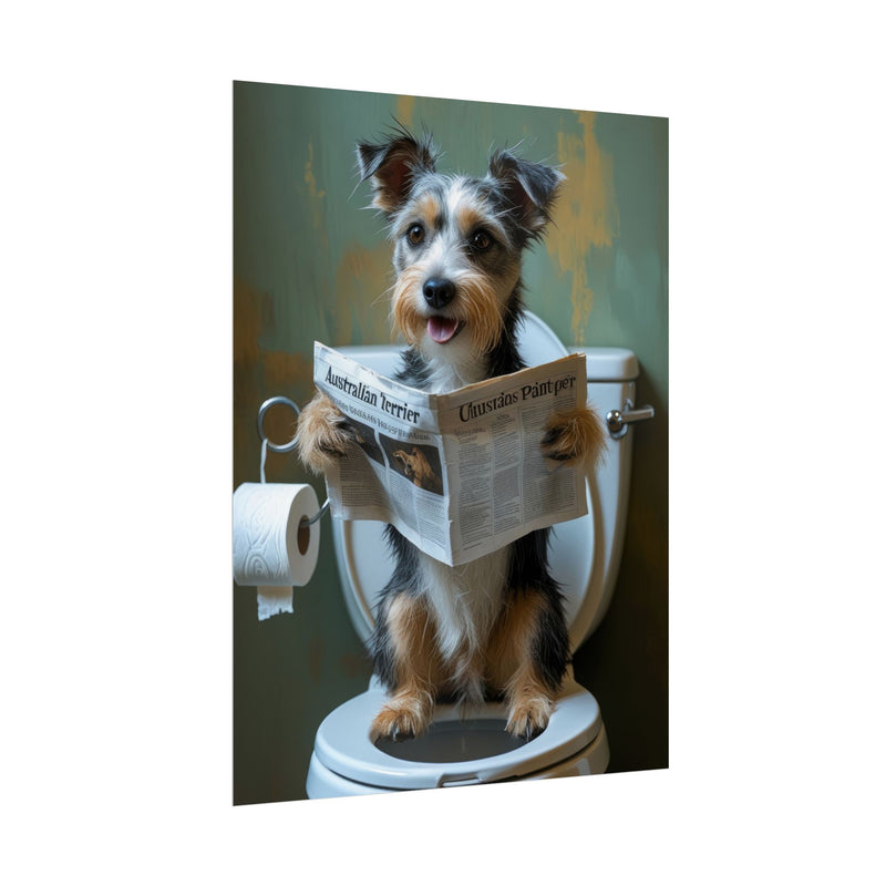 Funny Australian Terrier Bathroom Poster – Dog Sitting on Toilet Reading Newspaper | Humorous Dog Wall Art for Bathroom Decor