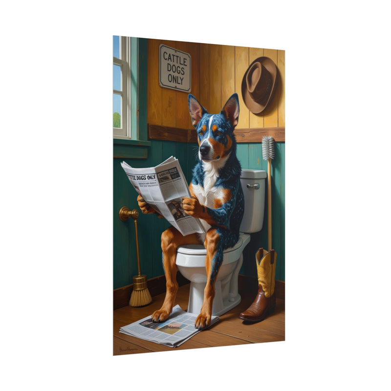 Funny Australian Cattle Dog Bathroom Poster – Dog Sitting on Toilet Reading Newspaper | Humorous Dog Wall Art for Bathroom Decor