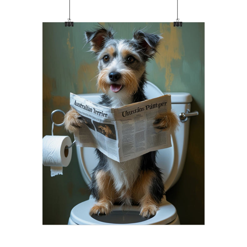 Funny Australian Terrier Bathroom Poster – Dog Sitting on Toilet Reading Newspaper | Humorous Dog Wall Art for Bathroom Decor