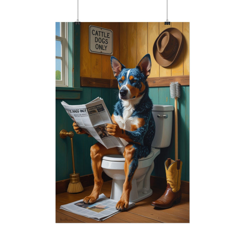 Funny Australian Cattle Dog Bathroom Poster – Dog Sitting on Toilet Reading Newspaper | Humorous Dog Wall Art for Bathroom Decor