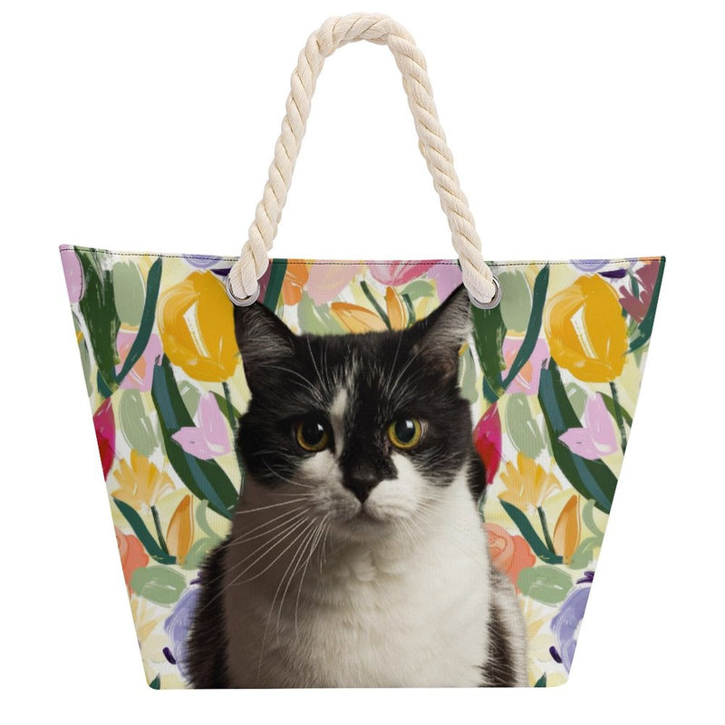 Custom Pet Hemp Rope Tote Bag – Personalized All Over Print Beach Bag, Reusable Shopping Bag, Large Capacity Travel Tote