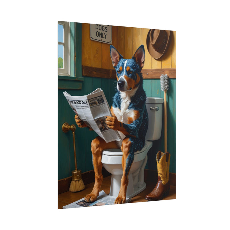 Funny Australian Cattle Dog Bathroom Poster – Dog Sitting on Toilet Reading Newspaper | Humorous Dog Wall Art for Bathroom Decor