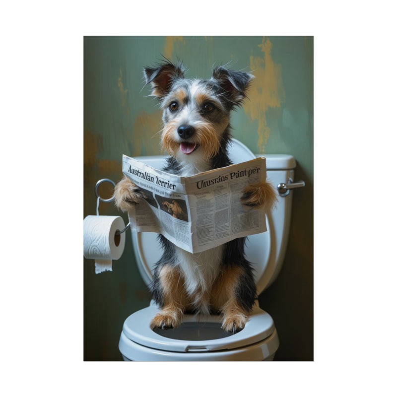 Funny Australian Terrier Bathroom Poster – Dog Sitting on Toilet Reading Newspaper | Humorous Dog Wall Art for Bathroom Decor