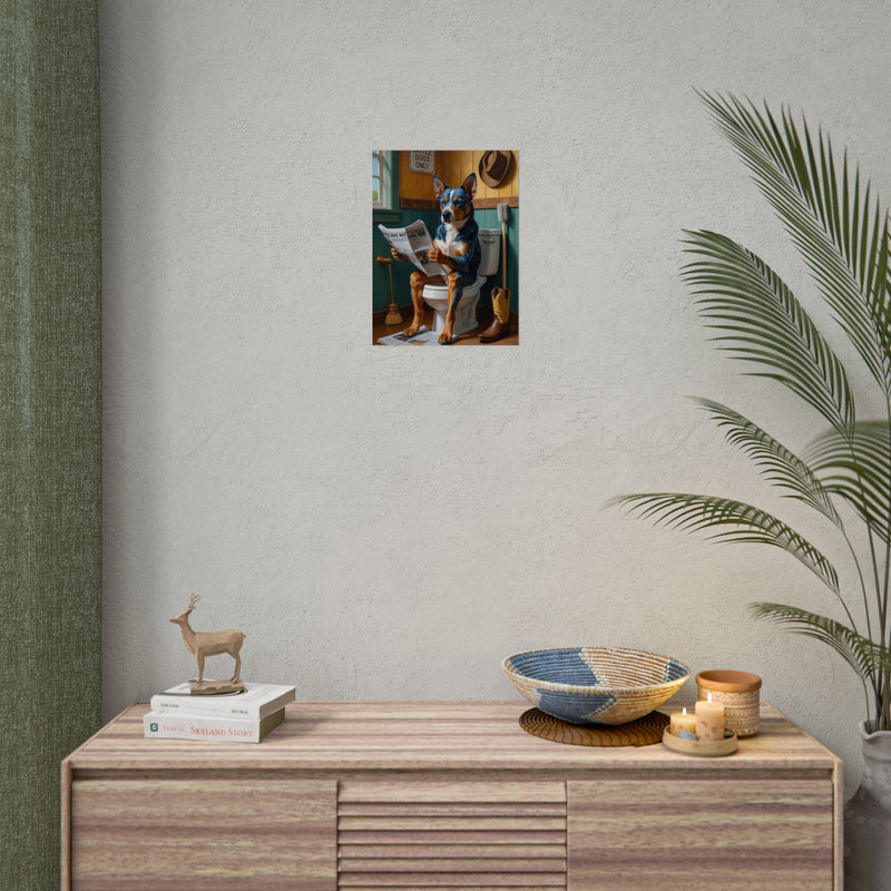 Funny Australian Cattle Dog Bathroom Poster – Dog Sitting on Toilet Reading Newspaper | Humorous Dog Wall Art for Bathroom Decor