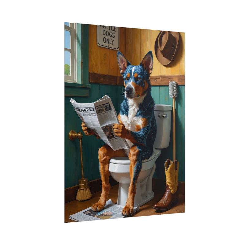 Funny Australian Cattle Dog Bathroom Poster – Dog Sitting on Toilet Reading Newspaper | Humorous Dog Wall Art for Bathroom Decor