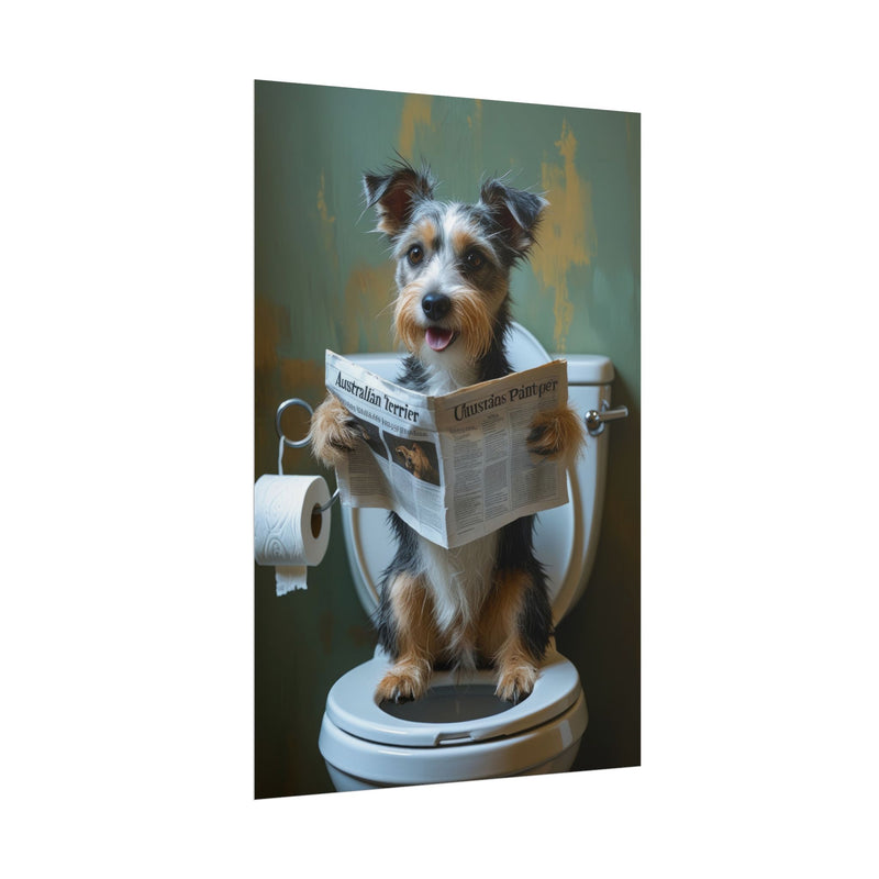Funny Australian Terrier Bathroom Poster – Dog Sitting on Toilet Reading Newspaper | Humorous Dog Wall Art for Bathroom Decor