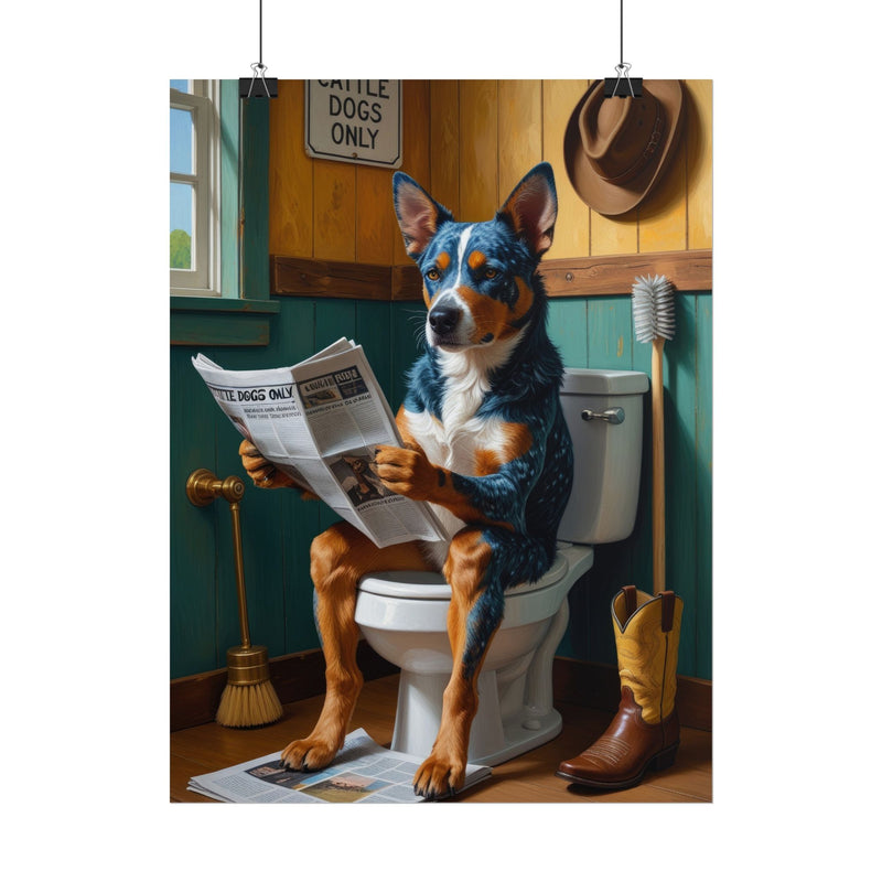 Funny Australian Cattle Dog Bathroom Poster – Dog Sitting on Toilet Reading Newspaper | Humorous Dog Wall Art for Bathroom Decor