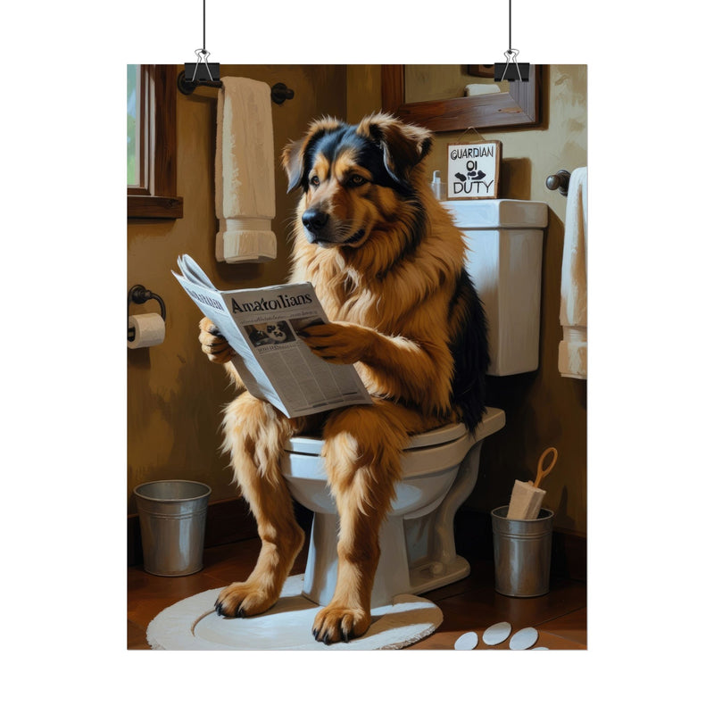 Funny Anatolian Shepherd Bathroom Poster – Dog Sitting on Toilet Reading Newspaper | Humorous Dog Wall Art for Bathroom Decor
