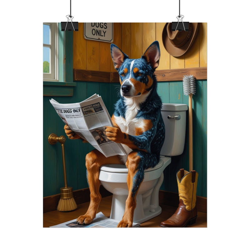 Funny Australian Cattle Dog Bathroom Poster – Dog Sitting on Toilet Reading Newspaper | Humorous Dog Wall Art for Bathroom Decor