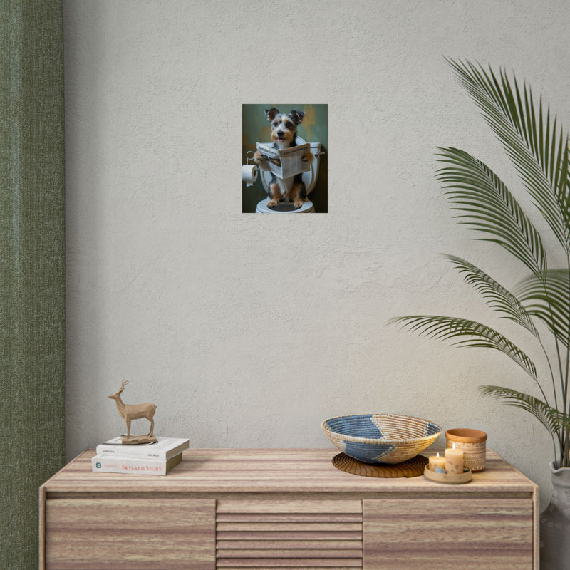 Funny Australian Terrier Bathroom Poster – Dog Sitting on Toilet Reading Newspaper | Humorous Dog Wall Art for Bathroom Decor
