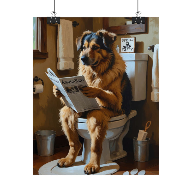Funny Anatolian Shepherd Bathroom Poster – Dog Sitting on Toilet Reading Newspaper | Humorous Dog Wall Art for Bathroom Decor