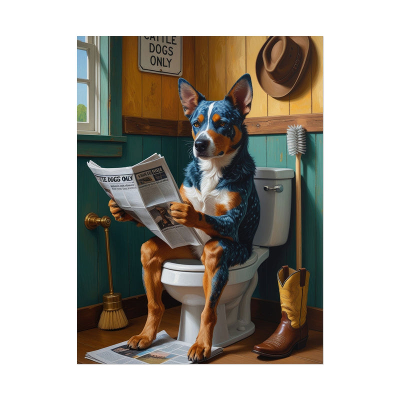 Funny Australian Cattle Dog Bathroom Poster – Dog Sitting on Toilet Reading Newspaper | Humorous Dog Wall Art for Bathroom Decor