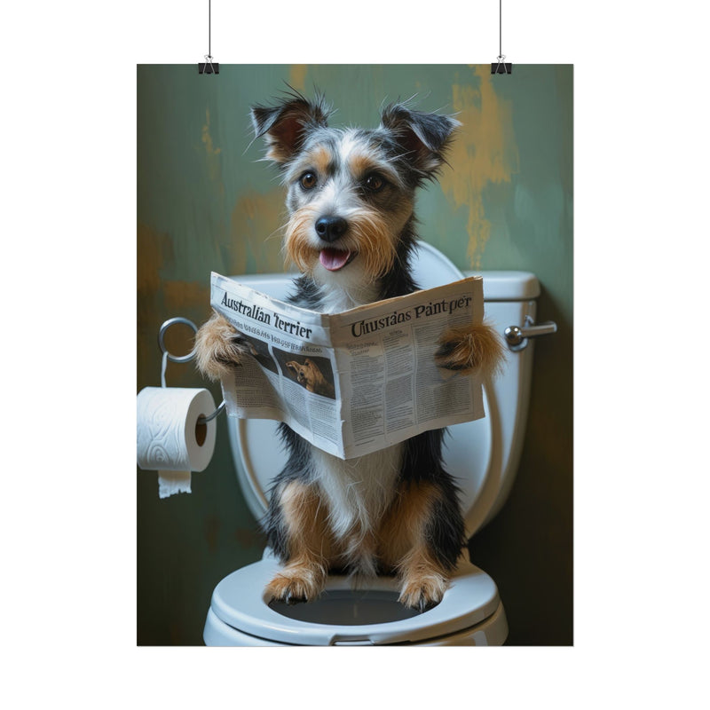 Funny Australian Terrier Bathroom Poster – Dog Sitting on Toilet Reading Newspaper | Humorous Dog Wall Art for Bathroom Decor