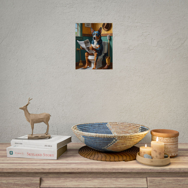 Funny Australian Cattle Dog Bathroom Poster – Dog Sitting on Toilet Reading Newspaper | Humorous Dog Wall Art for Bathroom Decor