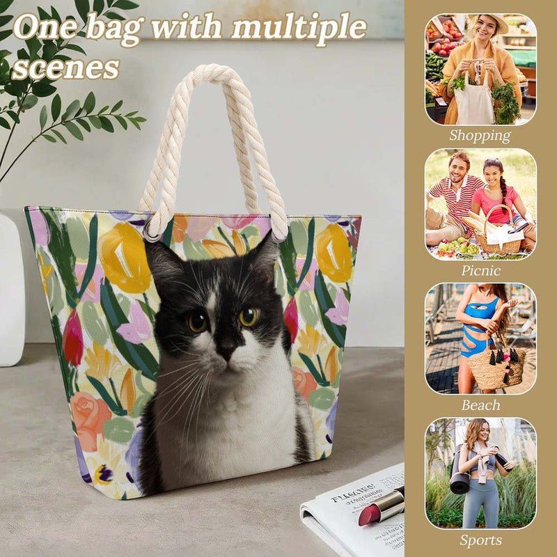 Custom Pet Hemp Rope Tote Bag – Personalized All Over Print Beach Bag, Reusable Shopping Bag, Large Capacity Travel Tote
