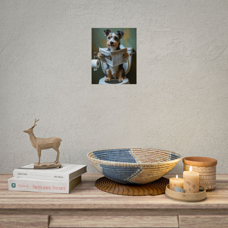 Funny Australian Terrier Bathroom Poster – Dog Sitting on Toilet Reading Newspaper | Humorous Dog Wall Art for Bathroom Decor