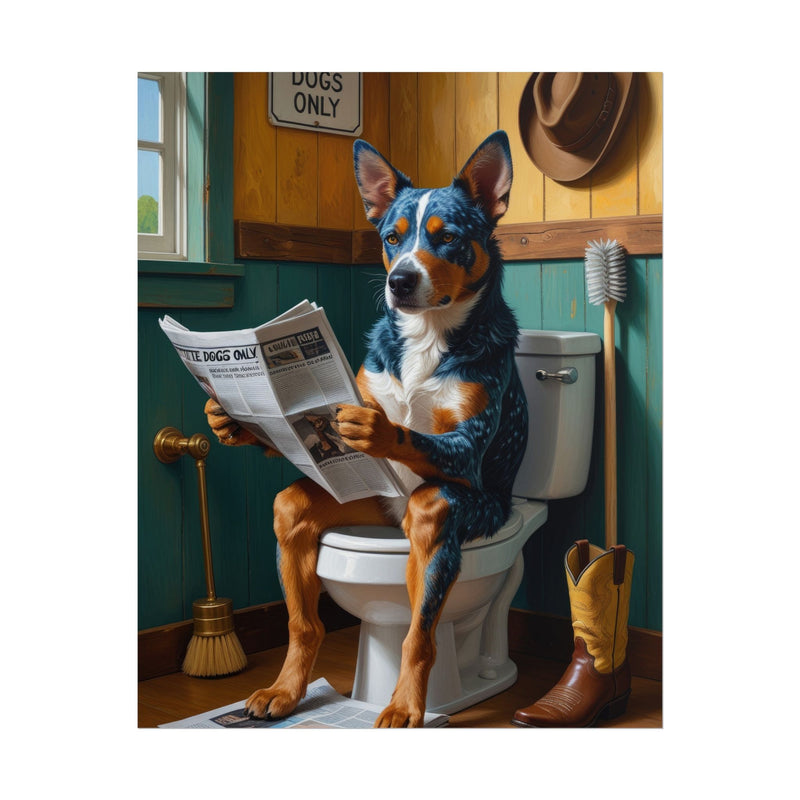 Funny Australian Cattle Dog Bathroom Poster – Dog Sitting on Toilet Reading Newspaper | Humorous Dog Wall Art for Bathroom Decor
